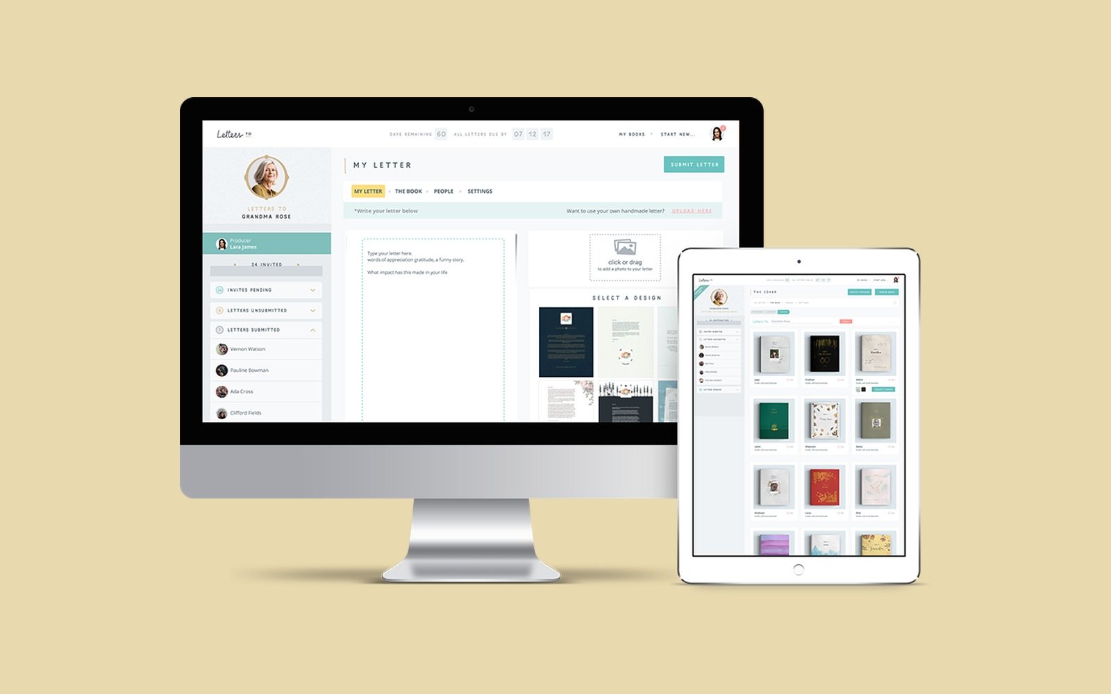 LettersTo product screens: the collaborative letter editor on desktop and the book-cover selection gallery on tablet.